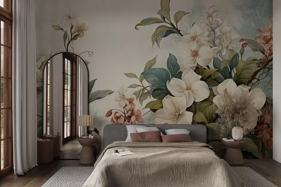 Fotobehang Gestructureerde tropische bloemen en bladeren met zachte blauwe en groene tinten, fijne penseelstreken, vintage botanische stijl w09259