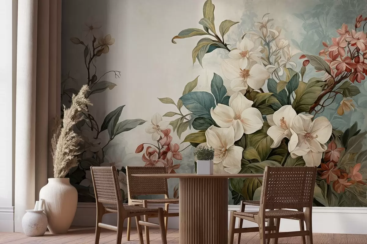 Fotobehang Gestructureerde tropische bloemen en bladeren met zachte blauwe en groene tinten, fijne penseelstreken, vintage botanische stijl w09259