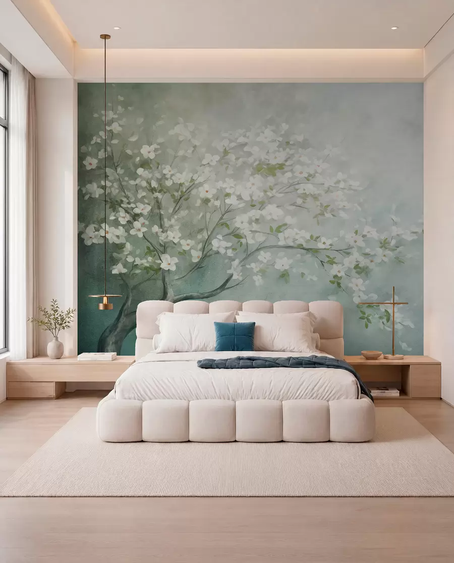 Fotobehang Een bloeiende boom met witte bloemen in volle bloei, tegen een korrelige achtergrond met ruisende structuur van gedempt blauw en groen w09261