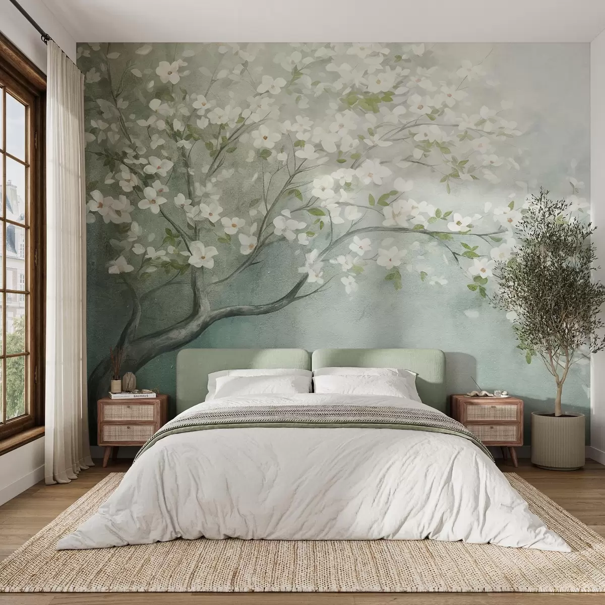 Fotobehang Een bloeiende boom met witte bloemen in volle bloei, tegen een korrelige achtergrond met ruisende structuur van gedempt blauw en groen w09261