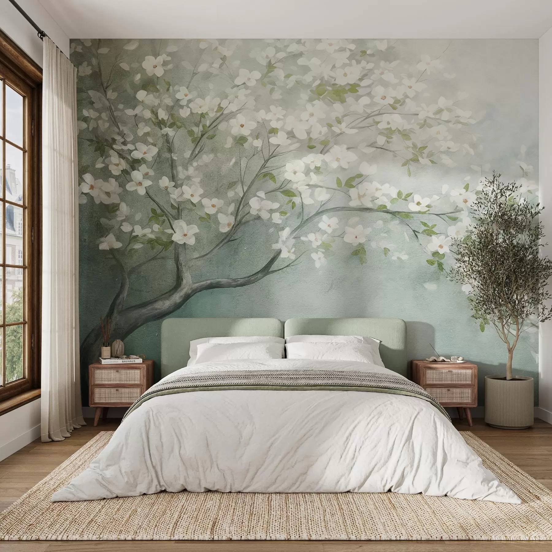 Fotobehang Een bloeiende boom met witte bloemen in volle bloei, tegen een korrelige achtergrond met ruisende structuur van gedempt blauw en groen w09261