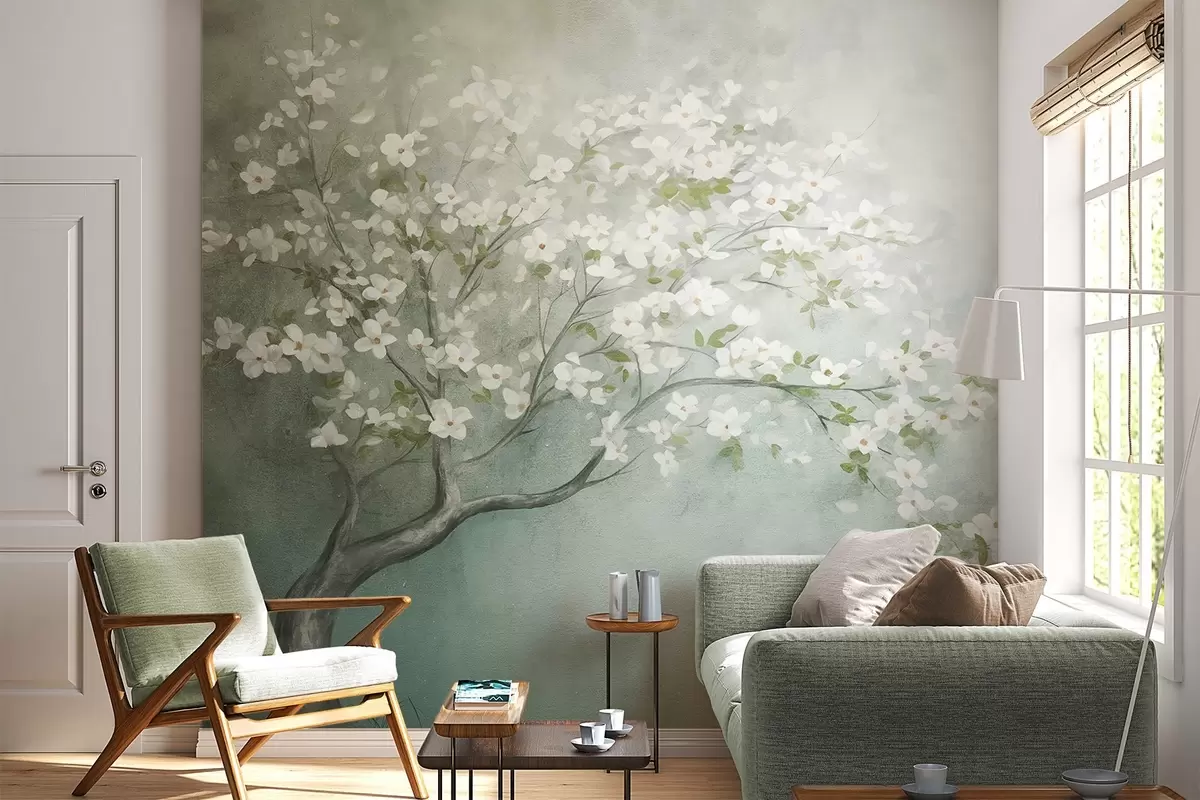 Fotobehang Een bloeiende boom met witte bloemen in volle bloei, tegen een korrelige achtergrond met ruisende structuur van gedempt blauw en groen w09261