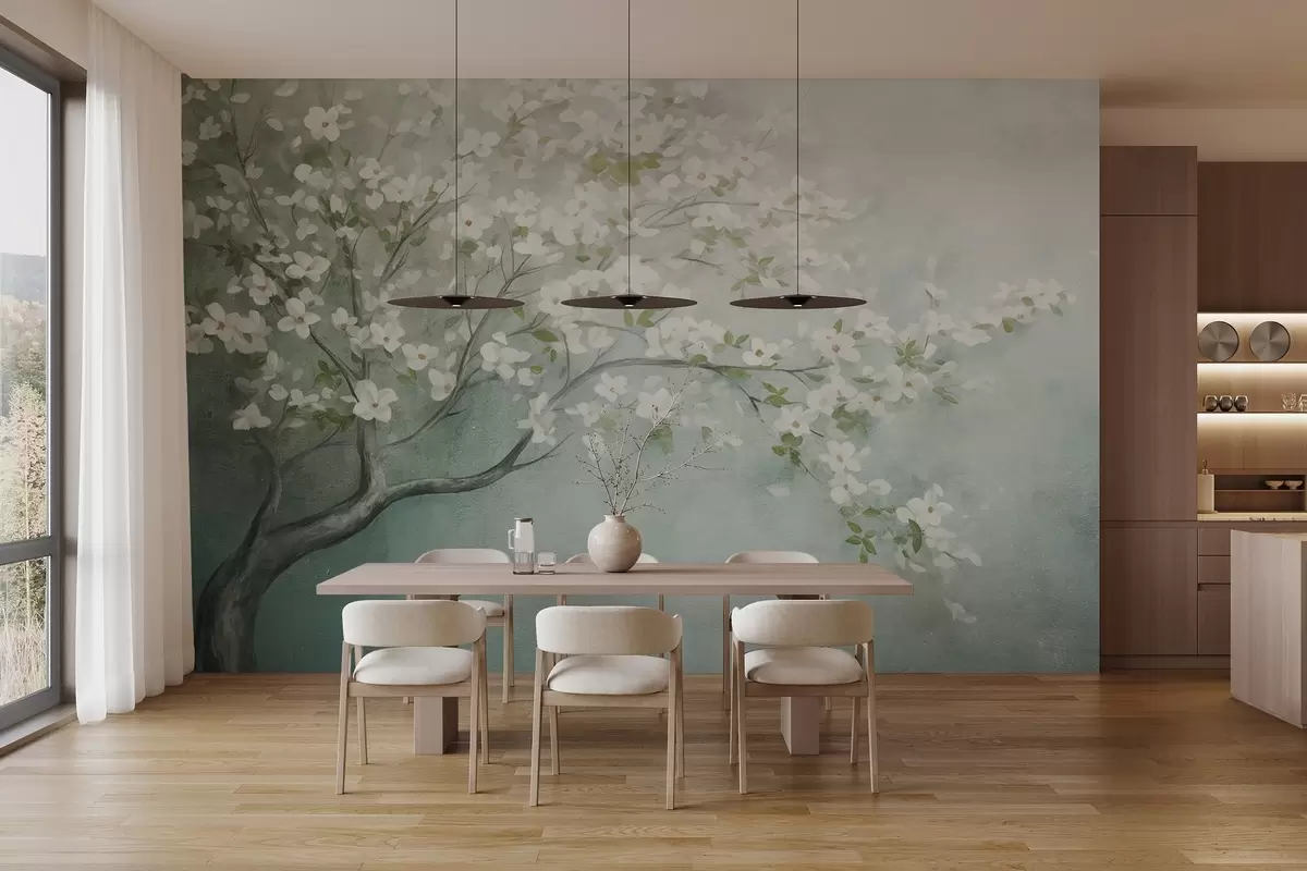 Fotobehang Een bloeiende boom met witte bloemen in volle bloei, tegen een korrelige achtergrond met ruisende structuur van gedempt blauw en groen w09261