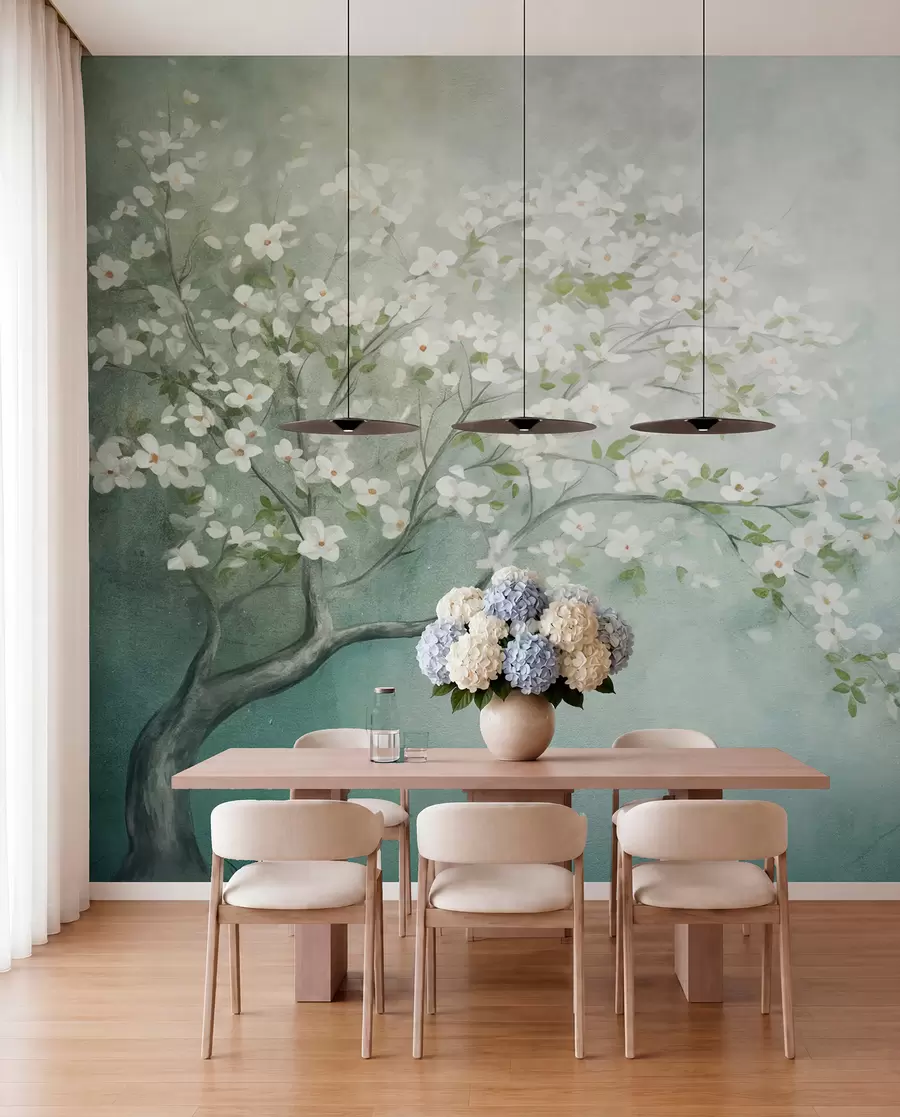 Fotobehang Een bloeiende boom met witte bloemen in volle bloei, tegen een korrelige achtergrond met ruisende structuur van gedempt blauw en groen w09261