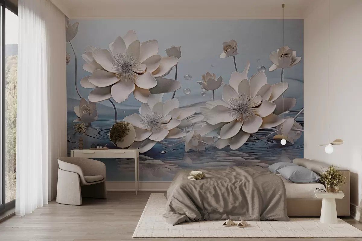 Fotobehang Witte gestructureerde bloemen met waterdruppels, reflecties op het wateroppervlak, lichtblauwe achtergrond, elegant ontwerp w09262