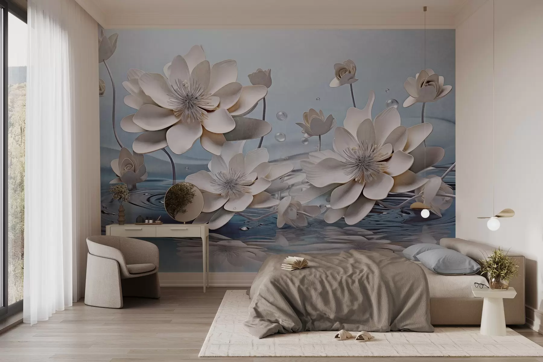 Fotobehang Witte gestructureerde bloemen met waterdruppels, reflecties op het wateroppervlak, lichtblauwe achtergrond, elegant ontwerp w09262