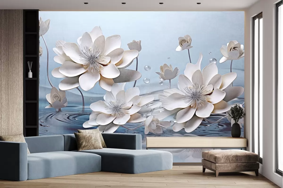 Fotobehang Witte gestructureerde bloemen met waterdruppels, reflecties op het wateroppervlak, lichtblauwe achtergrond, elegant ontwerp w09262