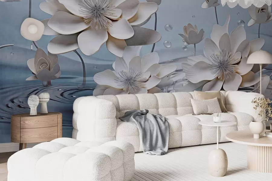 Fotobehang Witte gestructureerde bloemen met waterdruppels, reflecties op het wateroppervlak, lichtblauwe achtergrond, elegant ontwerp w09262