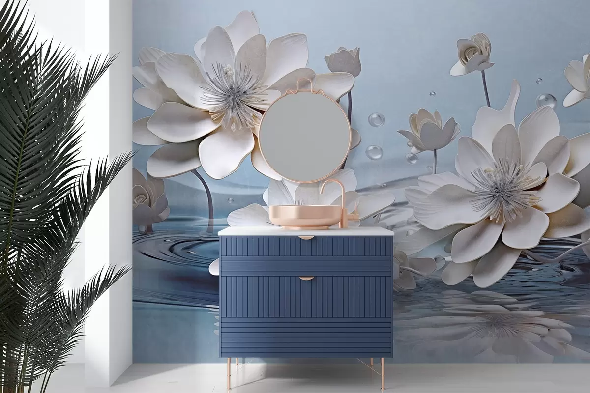 Fotobehang Witte gestructureerde bloemen met waterdruppels, reflecties op het wateroppervlak, lichtblauwe achtergrond, elegant ontwerp w09262