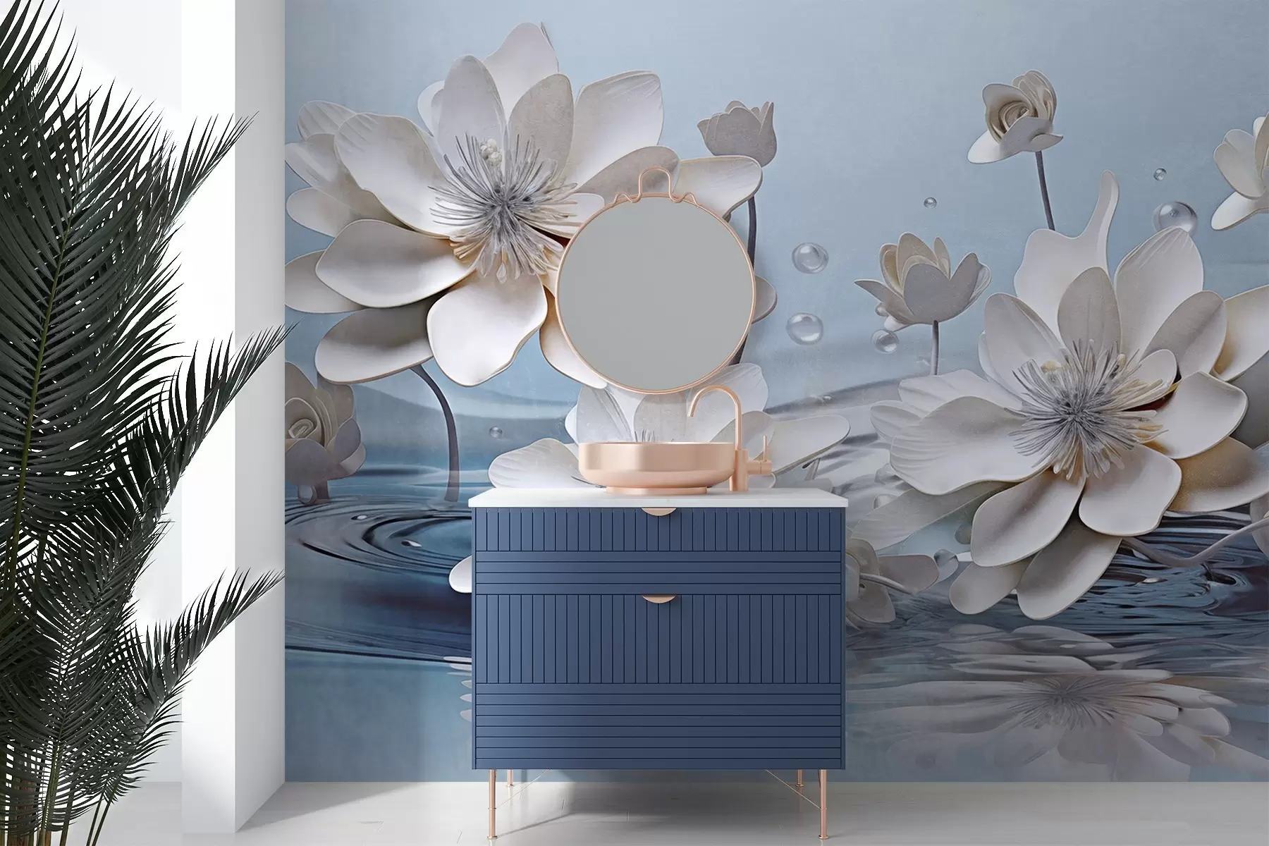 Fotobehang Witte gestructureerde bloemen met waterdruppels, reflecties op het wateroppervlak, lichtblauwe achtergrond, elegant ontwerp w09262