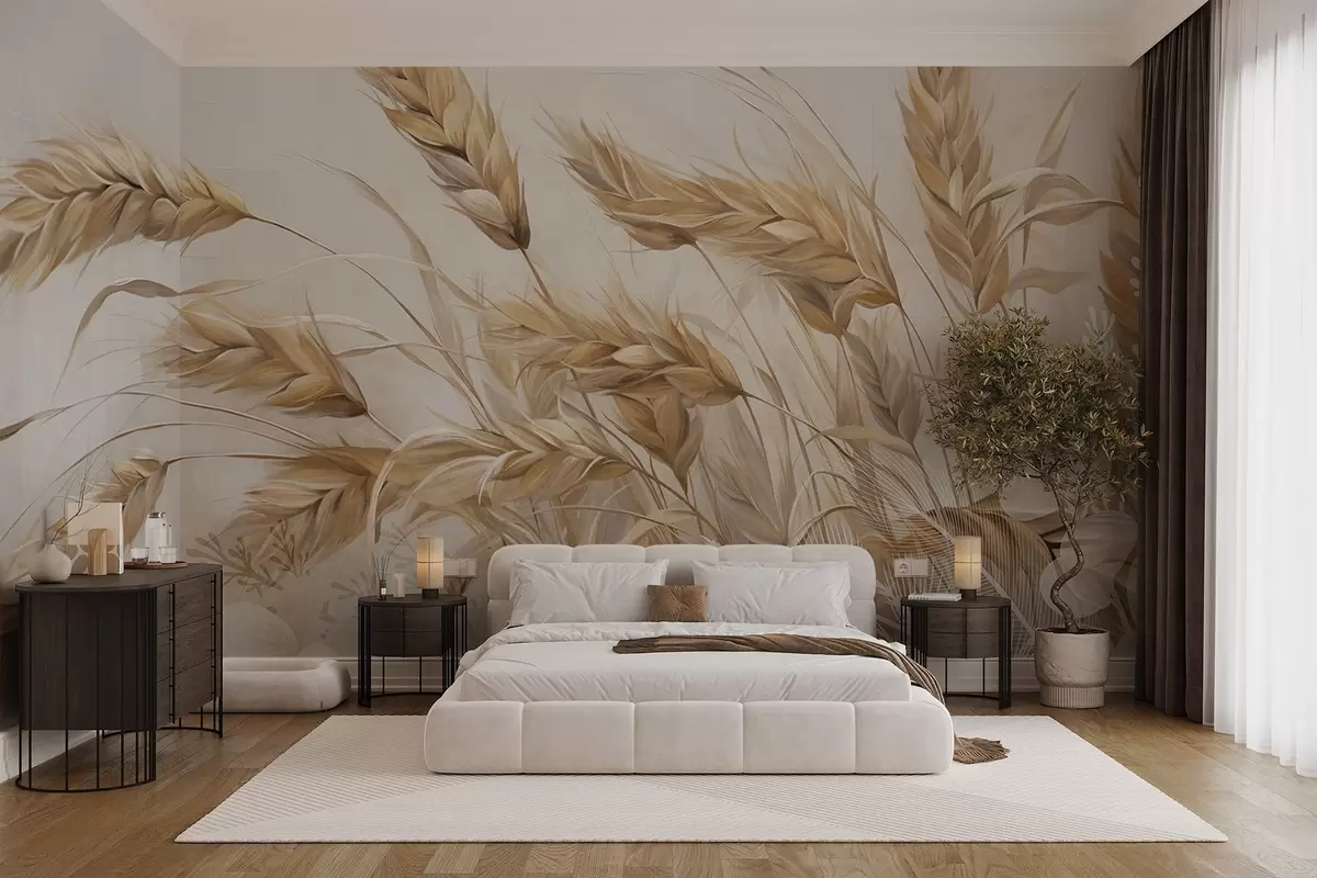 Fotobehang Tarweveld met beige graanaren die wiegen in de wind, zachte en gedempte kleuren die een gevoel van warmte creëren  w09264