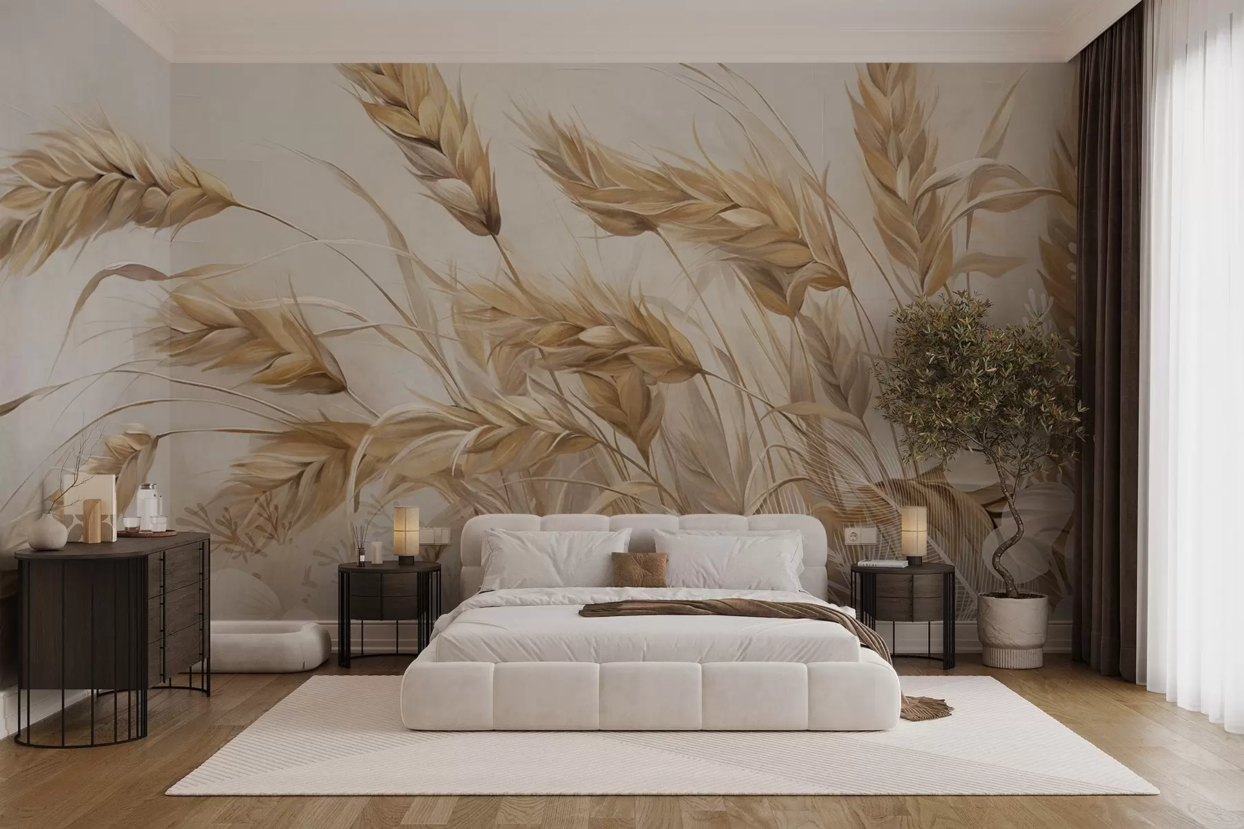 Fotobehang Tarweveld met beige graanaren die wiegen in de wind, zachte en gedempte kleuren die een gevoel van warmte creëren  w09264