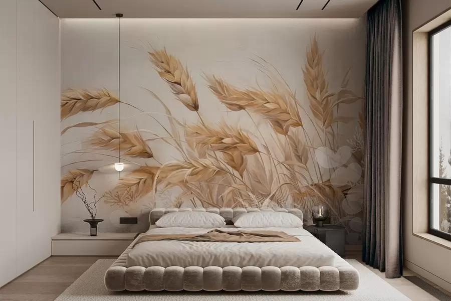 Fotobehang Tarweveld met beige graanaren die wiegen in de wind, zachte en gedempte kleuren die een gevoel van warmte creëren  w09264