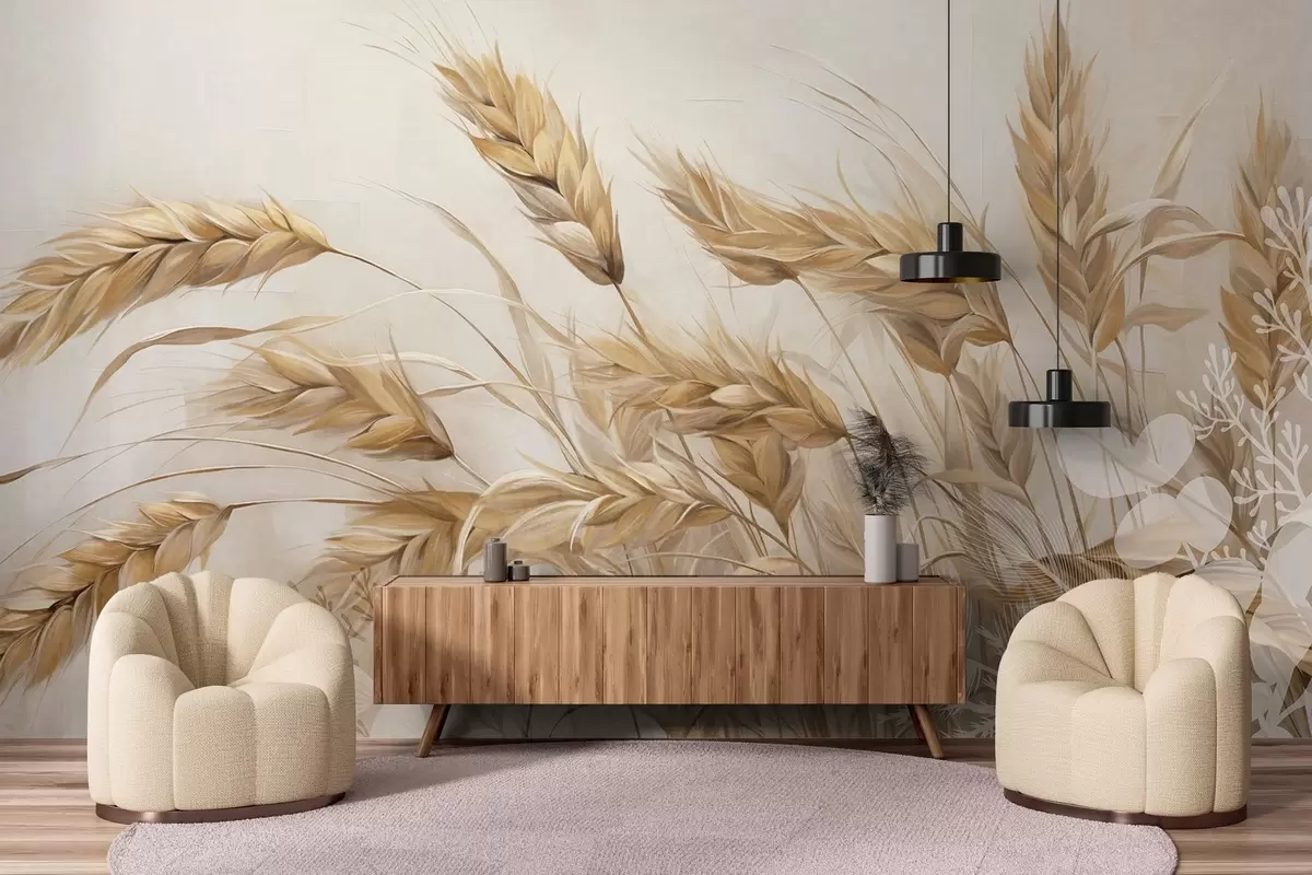 Fotobehang Tarweveld met beige graanaren die wiegen in de wind, zachte en gedempte kleuren die een gevoel van warmte creëren  w09264