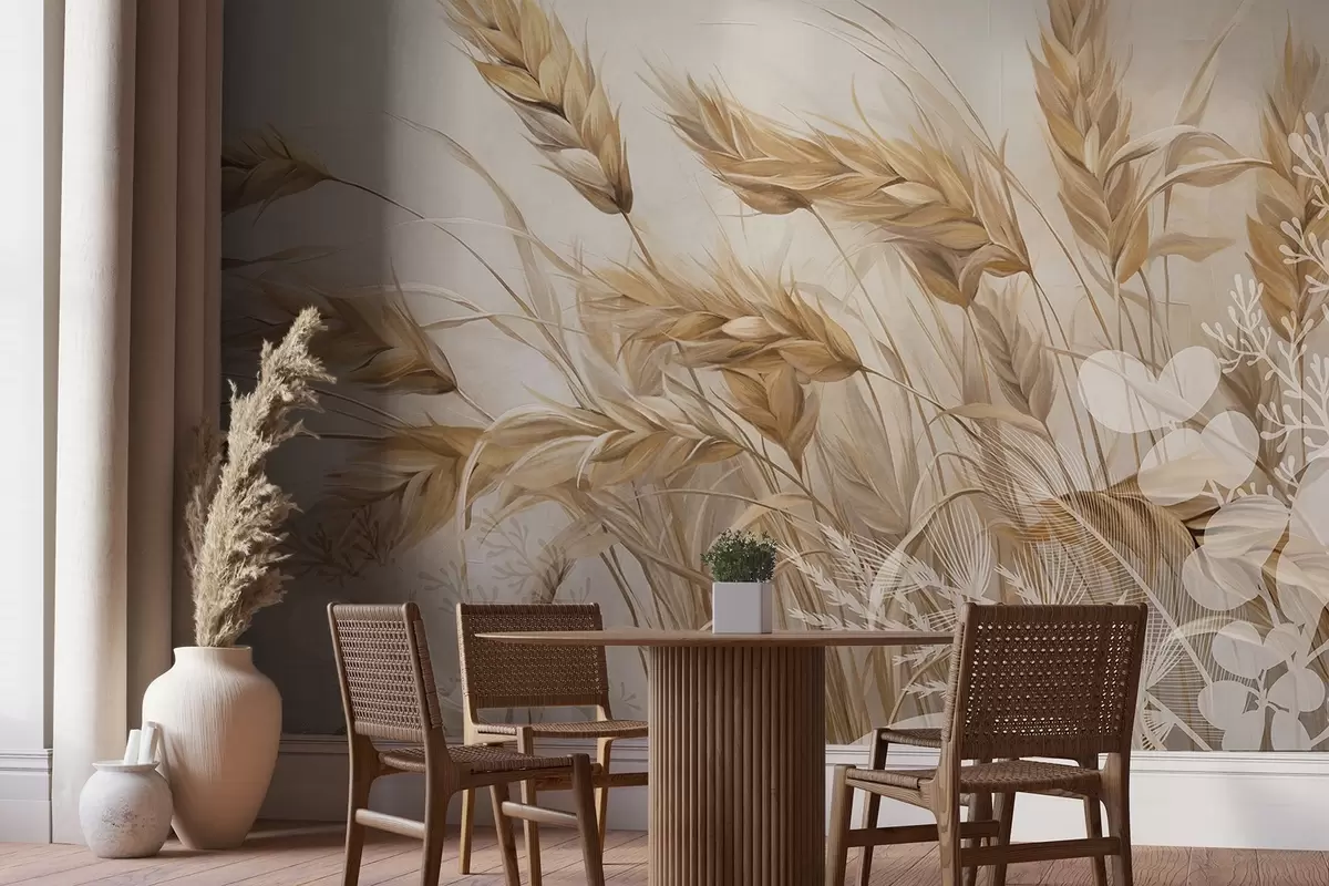 Fotobehang Tarweveld met beige graanaren die wiegen in de wind, zachte en gedempte kleuren die een gevoel van warmte creëren  w09264