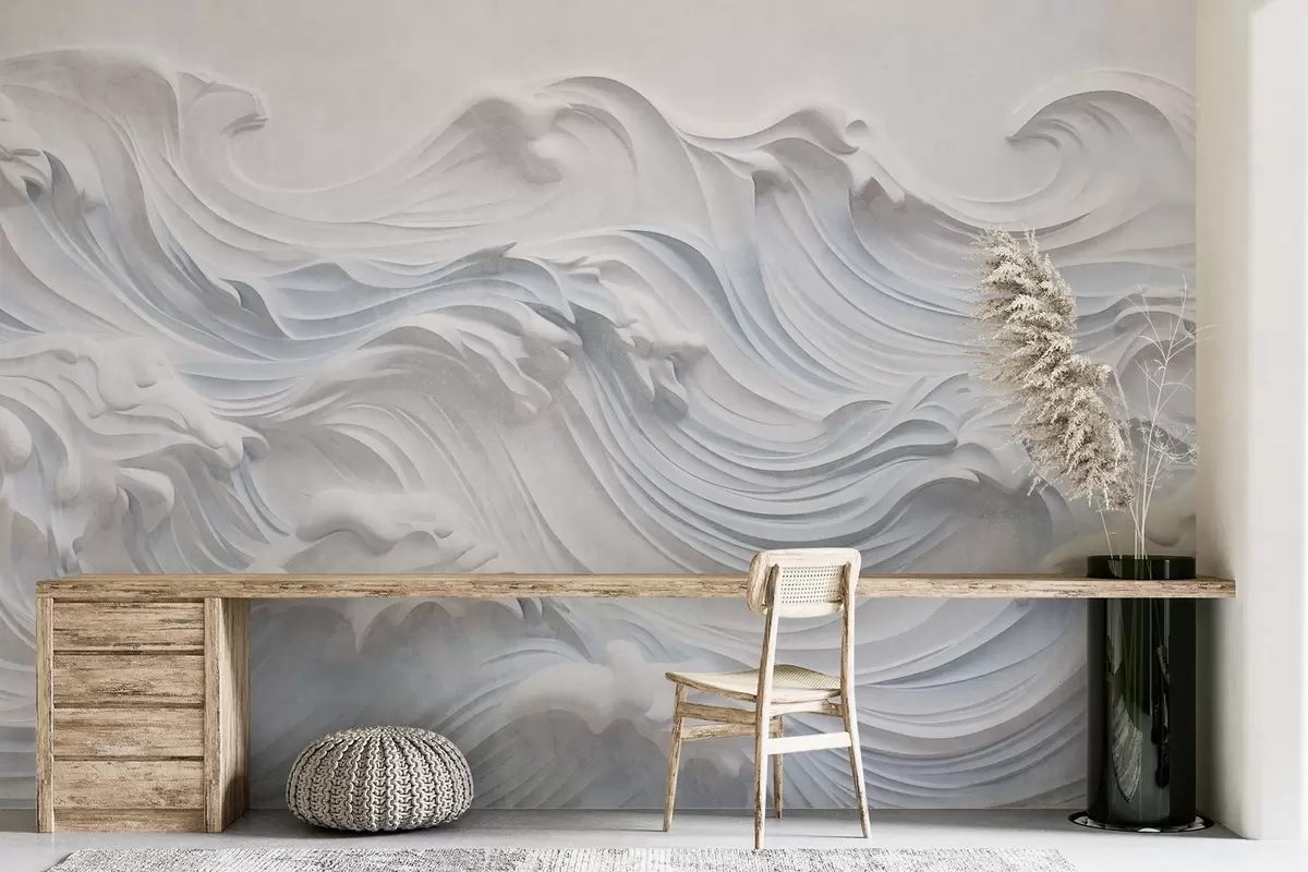 Fotobehang Witte en lichtblauwe getextureerde abstracte oceaangolven met schuim, stromend van links naar rechts, dynamische en getextureerde print w09266