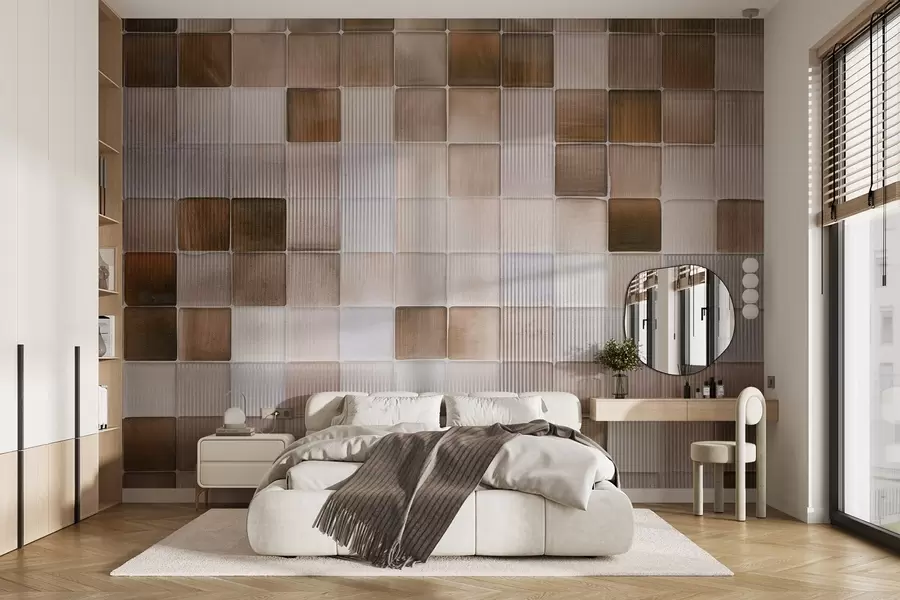 Fotobehang Vierkante mozaïektegels in bruin-, beige- en wittinten met een abstracte geribbelde noisetextuur w09269