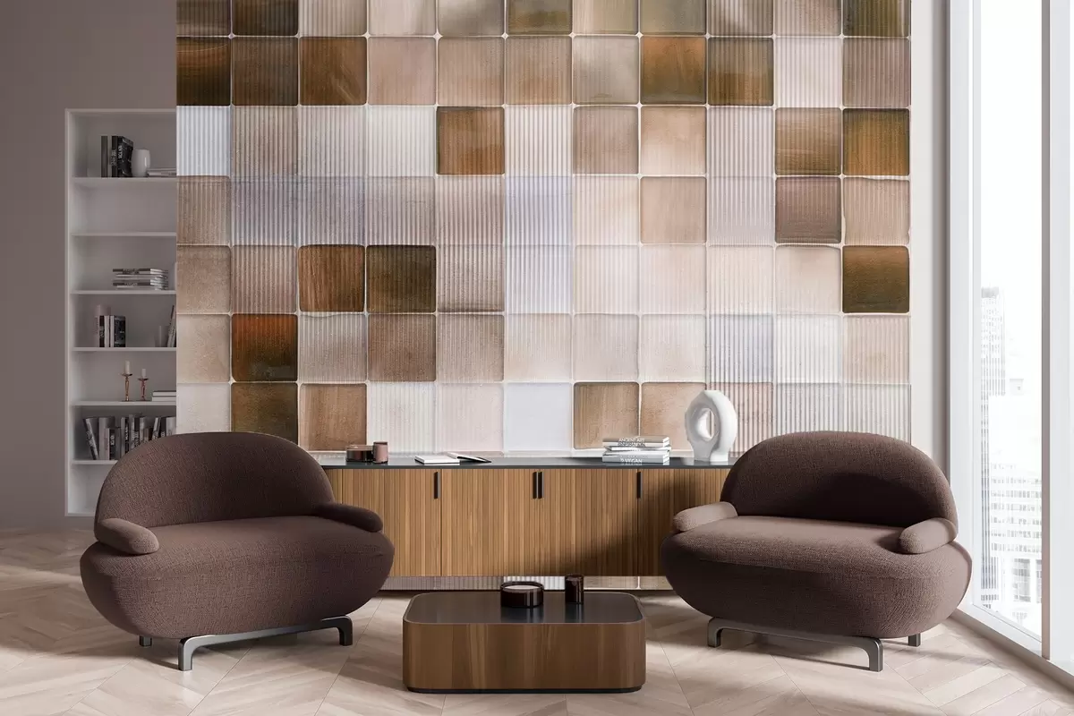 Fotobehang Vierkante mozaïektegels in bruin-, beige- en wittinten met een abstracte geribbelde noisetextuur w09269