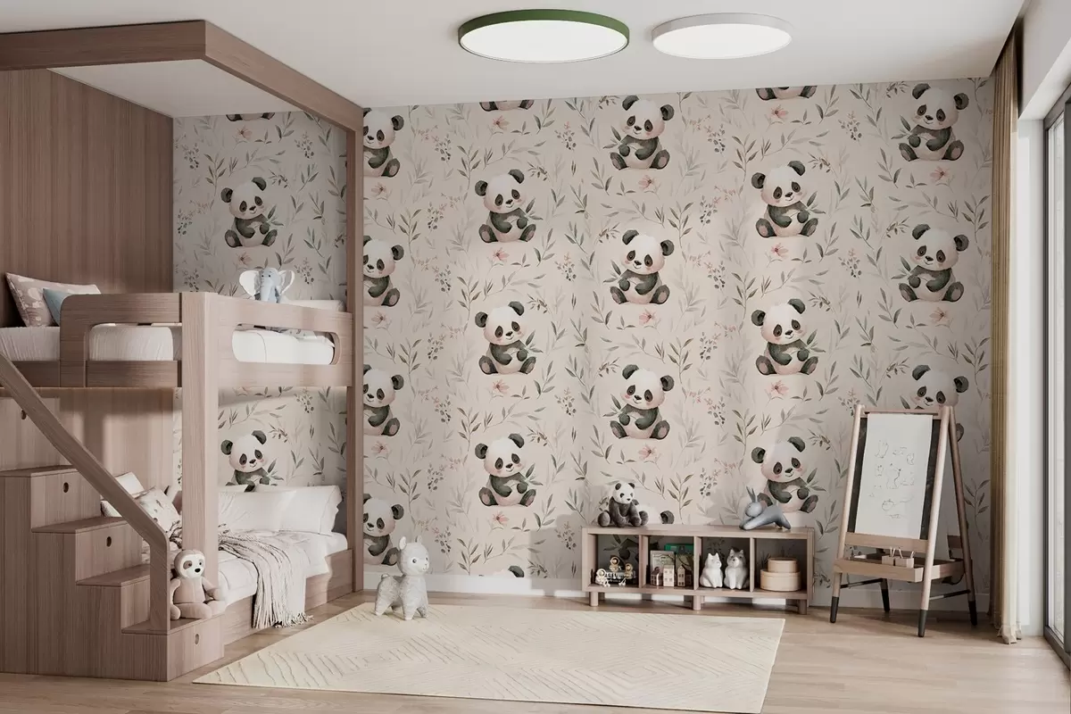 Fotobehang schattige panda's in babystijl tussen de planten w04170