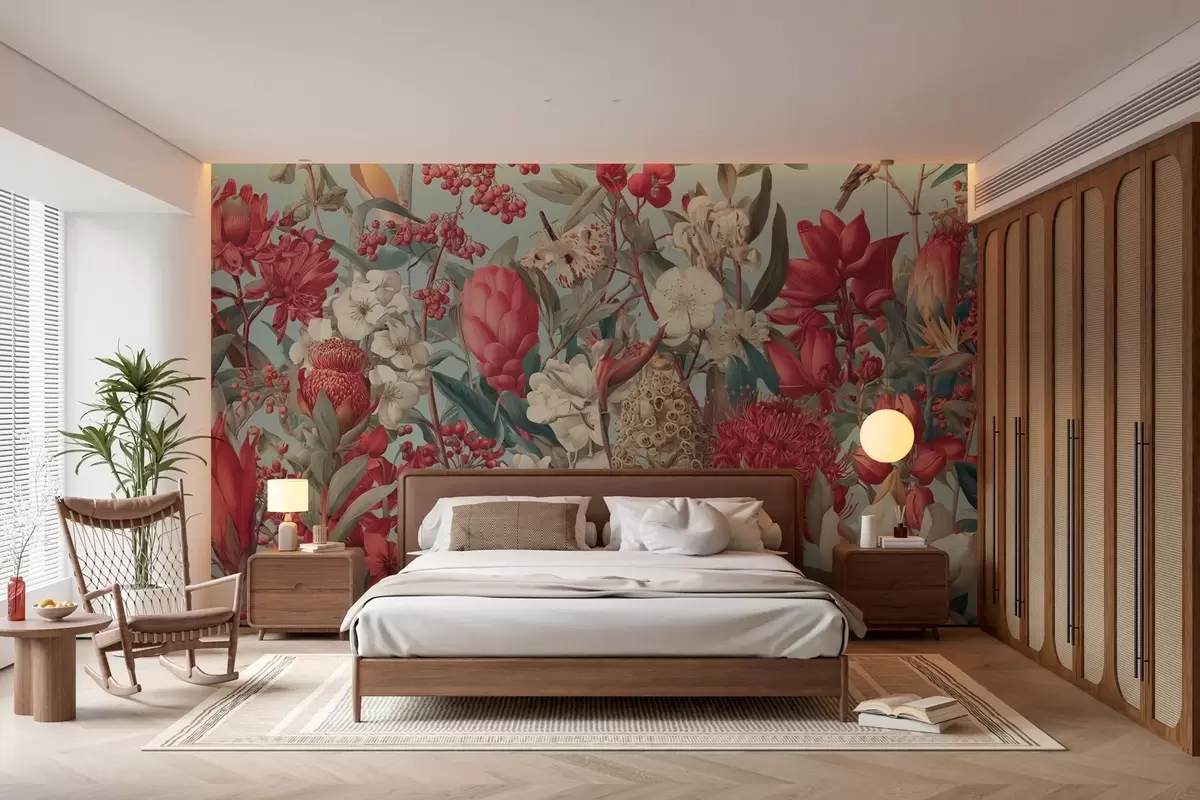 Fotobehang gestructureerde tropische bloemen op een blauwe achtergrond w04209