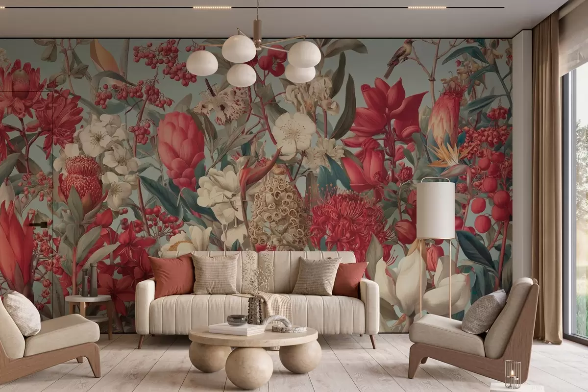 Fotobehang gestructureerde tropische bloemen op een blauwe achtergrond w04209