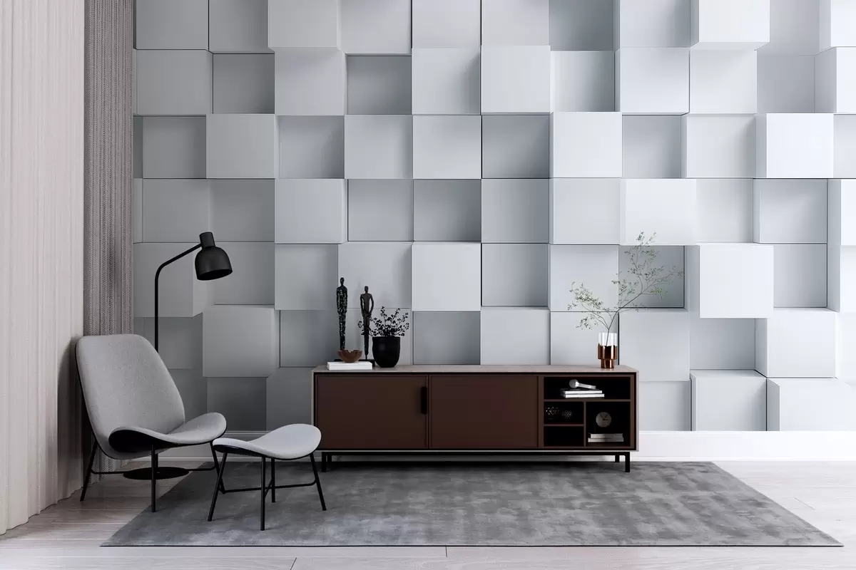Fotobehang imitatie van volumetrische witte kubussen w04283