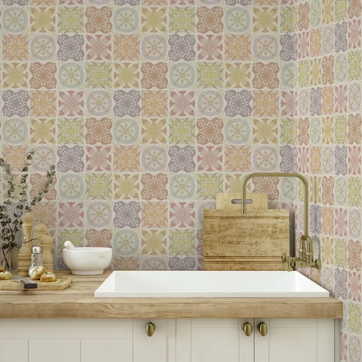 Behang Gekleurde geometrische tegelornamenten a00284