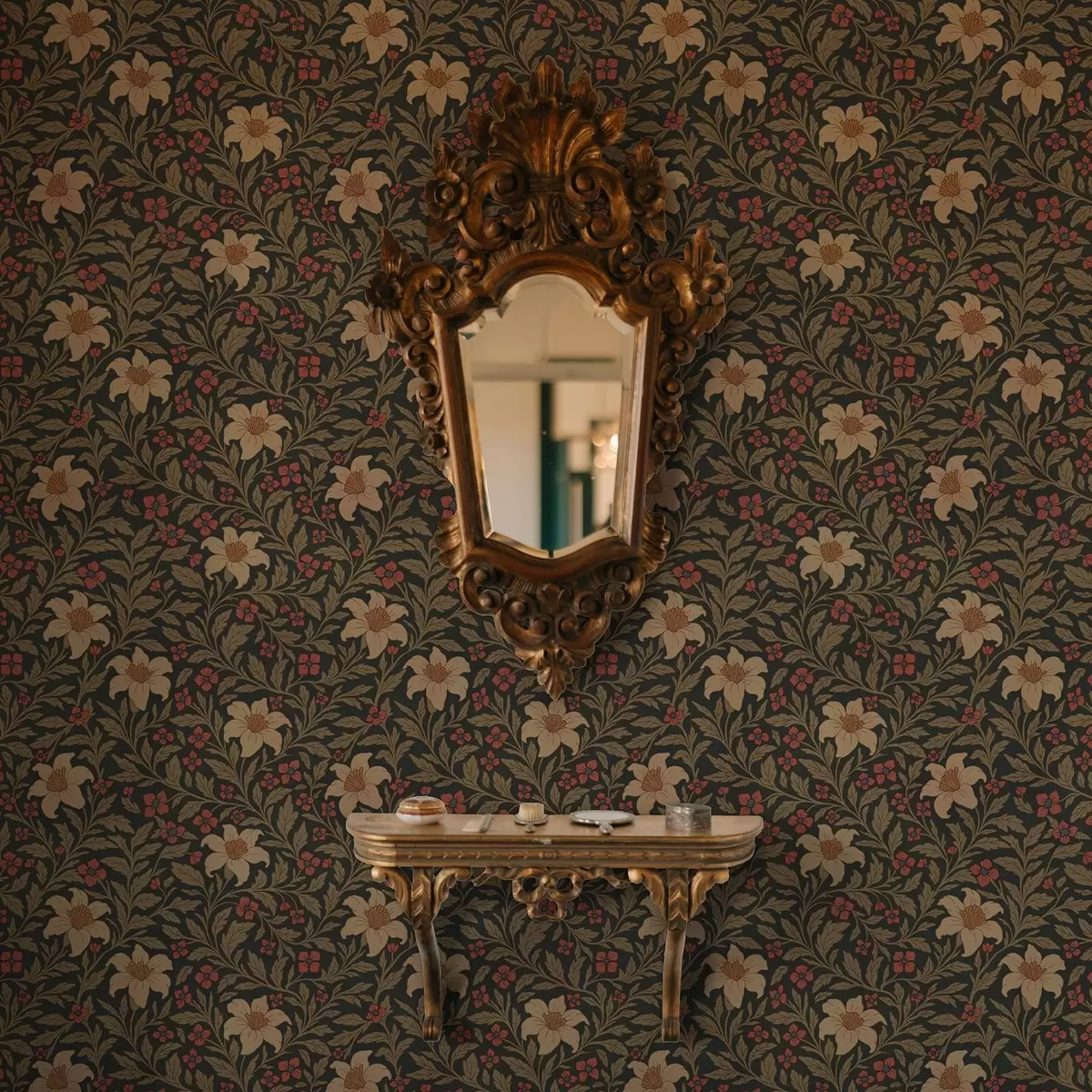 Behang Donkere achtergrond met gele en rode bloemen in Art Nouveau stijl a00293