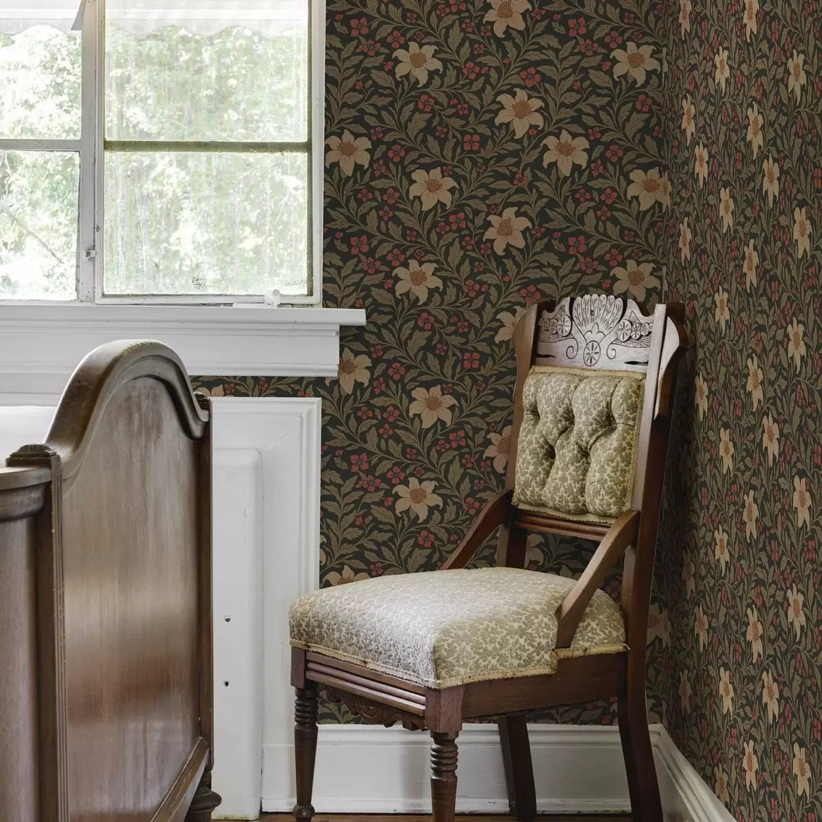 Behang Donkere achtergrond met gele en rode bloemen in Art Nouveau stijl a00293