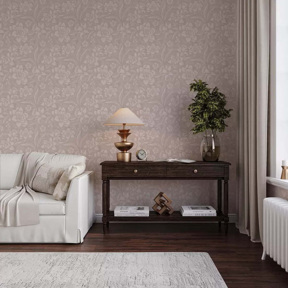 Behang Monochroom bloemmotief met narcissen op een crèmekleurige achtergrond a00294