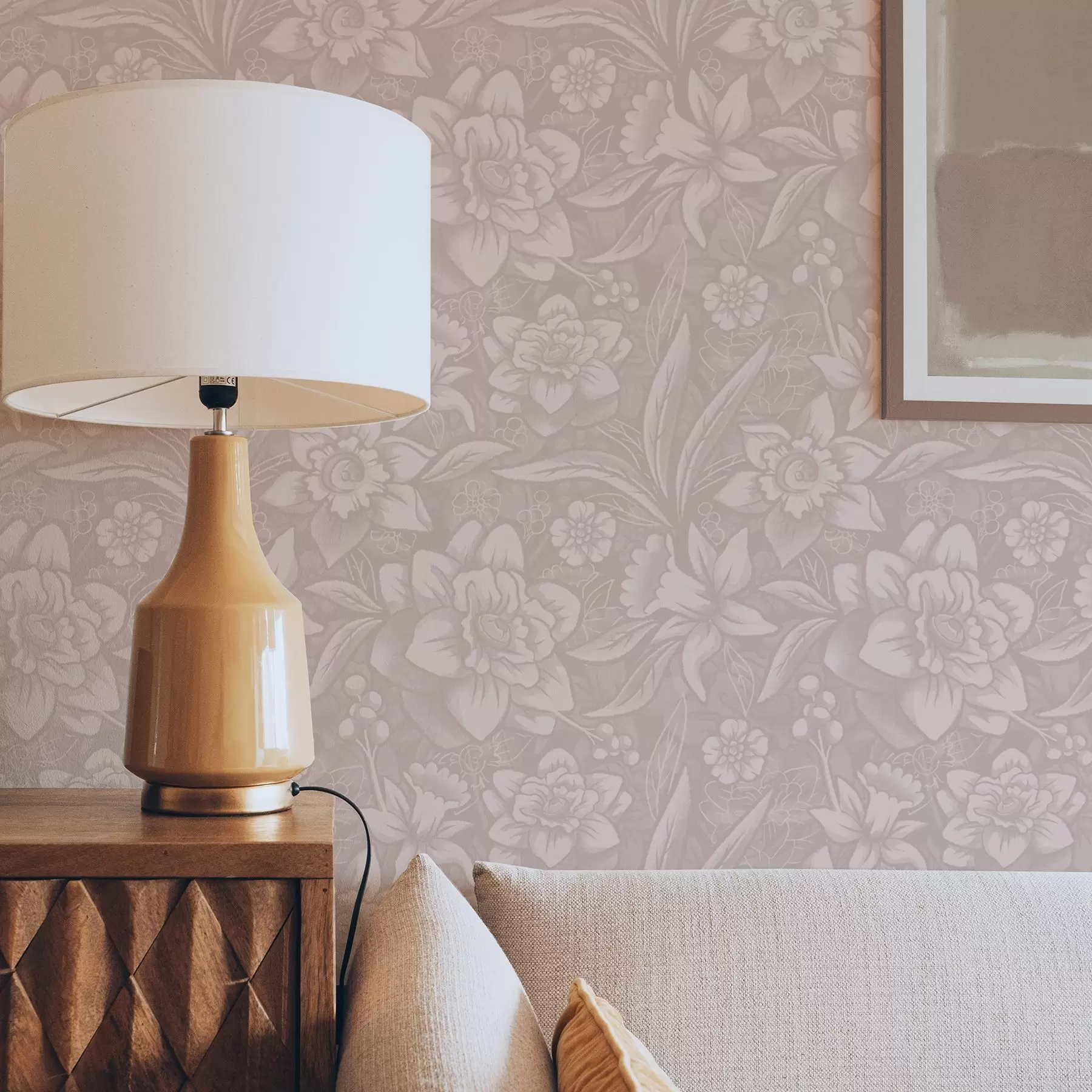 Fotobehang Monochroom bloemmotief met narcissen op een crèmekleurige achtergrond a00294