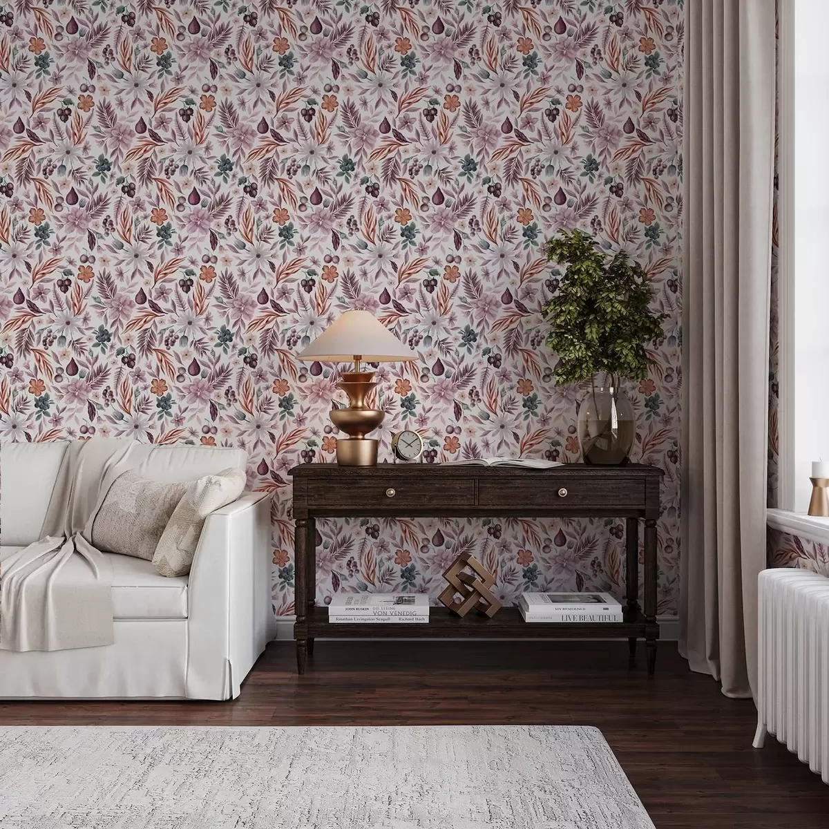 Behang Heldere bessen, bloemen en bladeren in aquarelstijl a00298