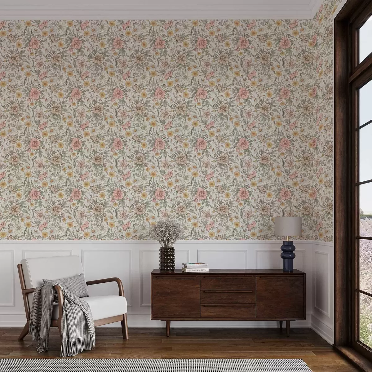Behang Madeliefjes, pioenrozen, lelies en bladeren in delicate kleuren a00299