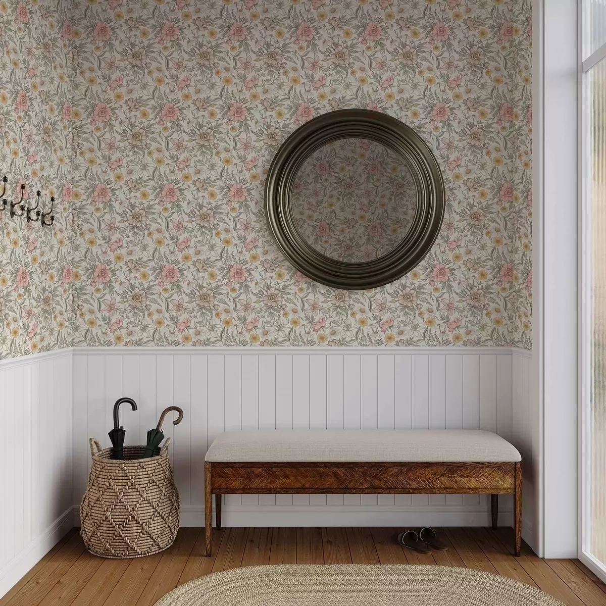 Behang Madeliefjes, pioenrozen, lelies en bladeren in delicate kleuren a00299