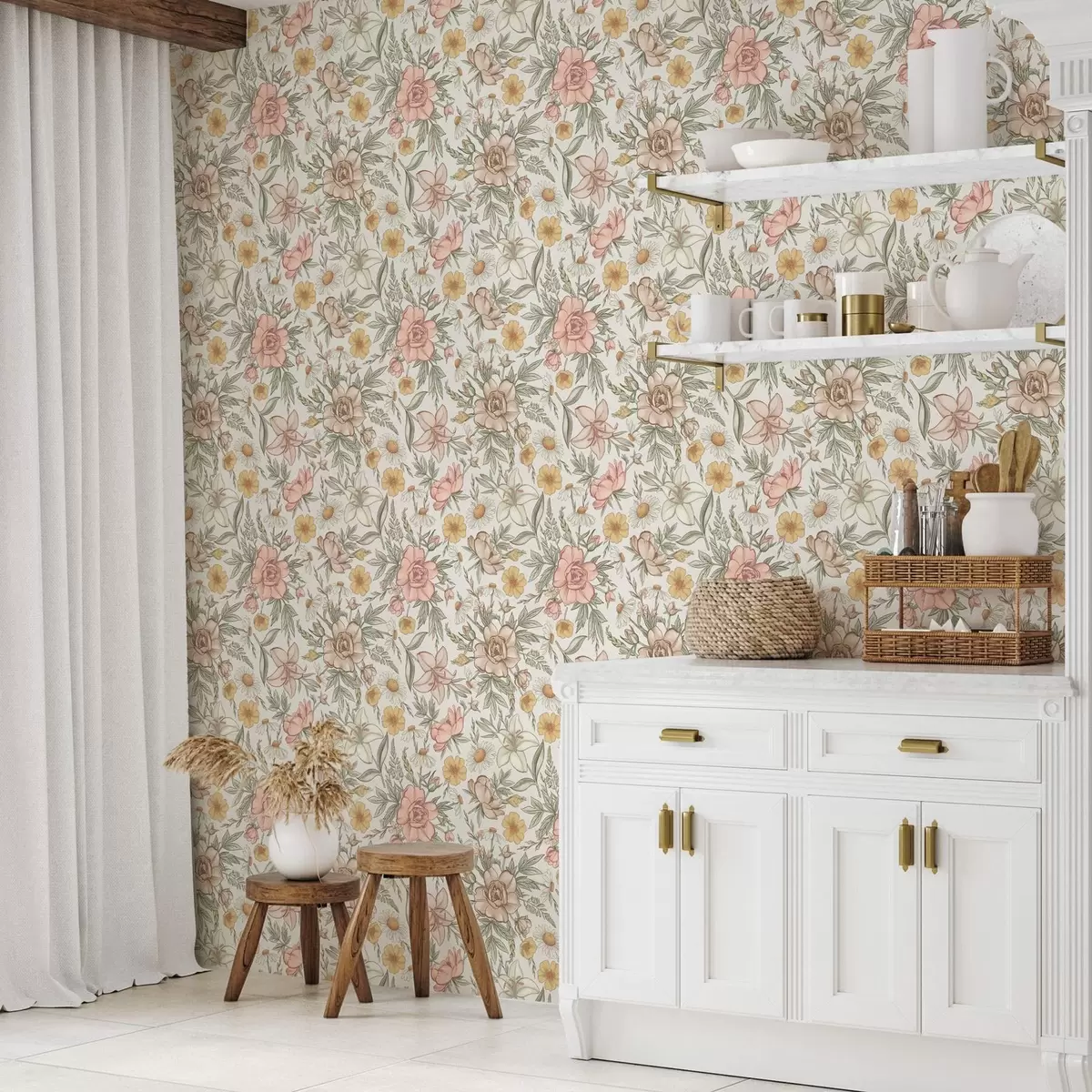 Behang Madeliefjes, pioenrozen, lelies en bladeren in delicate kleuren a00299