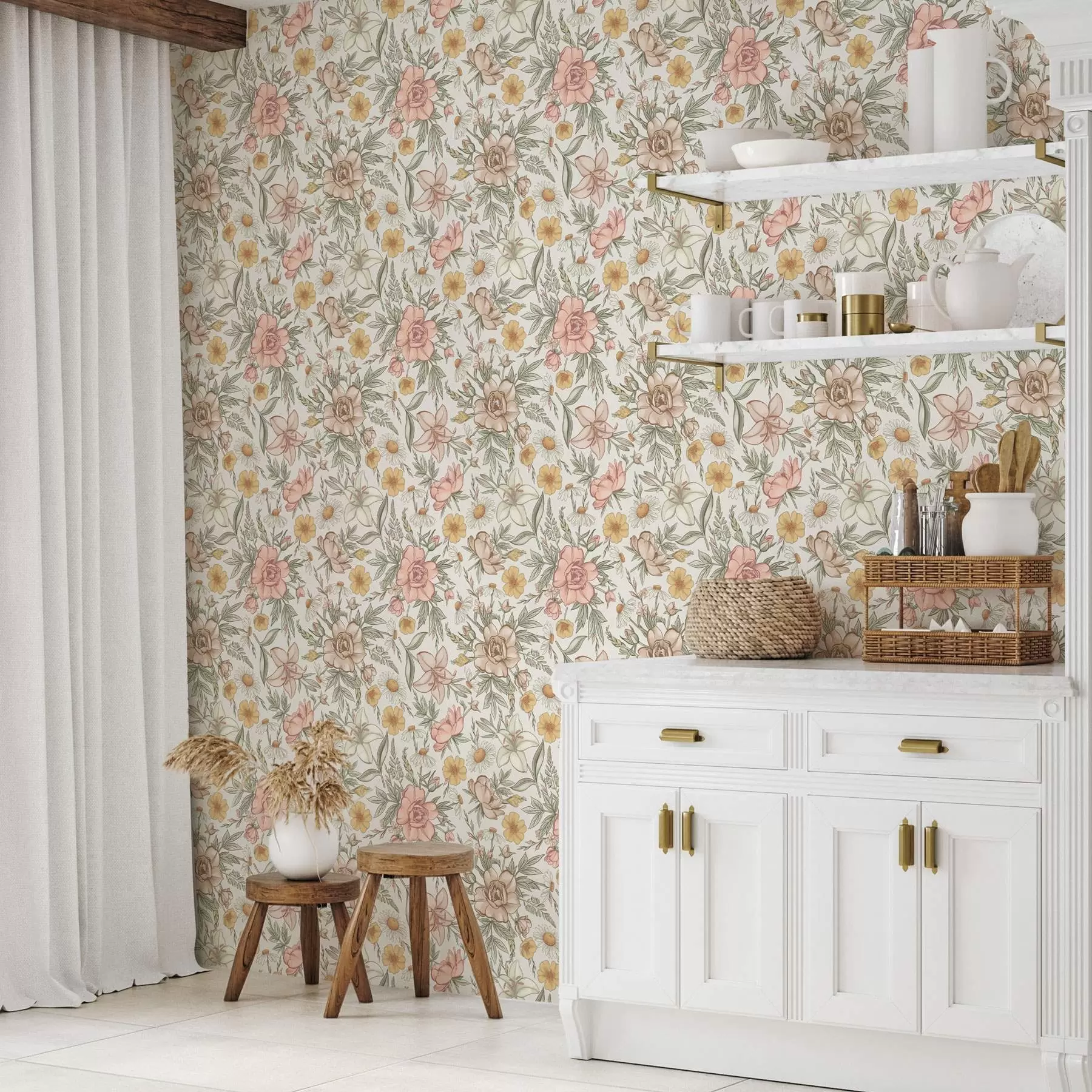 Fotobehang Madeliefjes, pioenrozen, lelies en bladeren in delicate kleuren a00299