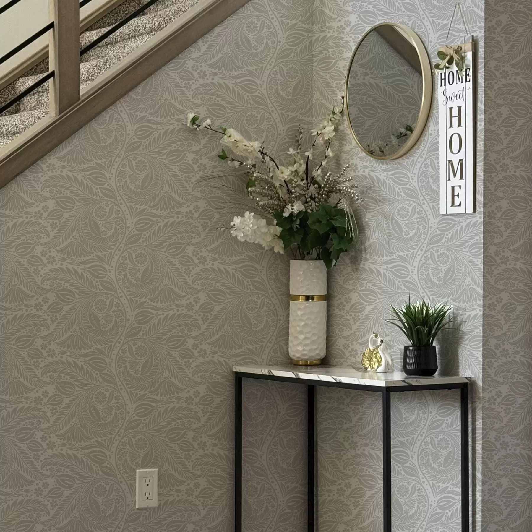Fotobehang Grijze folklore stilering met bladeren en bloemen a00301