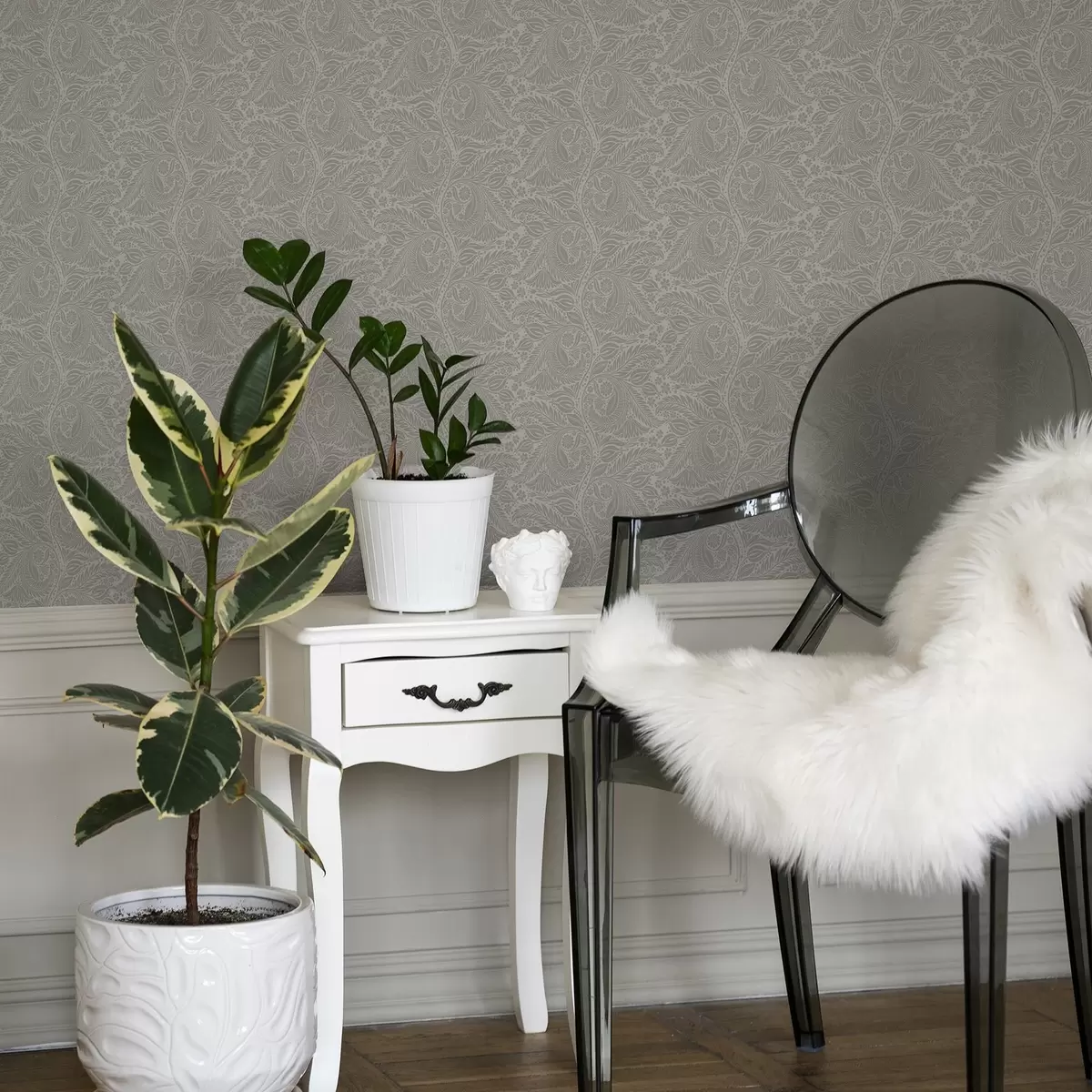 Behang Grijze folklore stilering met bladeren en bloemen a00301