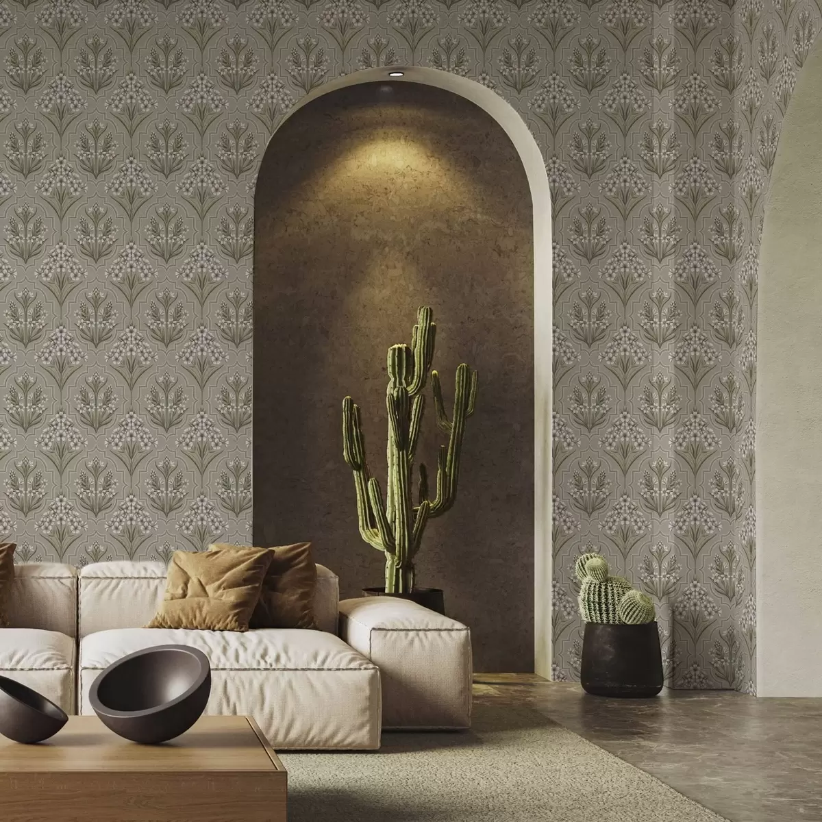 Behang Symmetrisch patroon met witte bloemen op een grijze achtergrond a00302