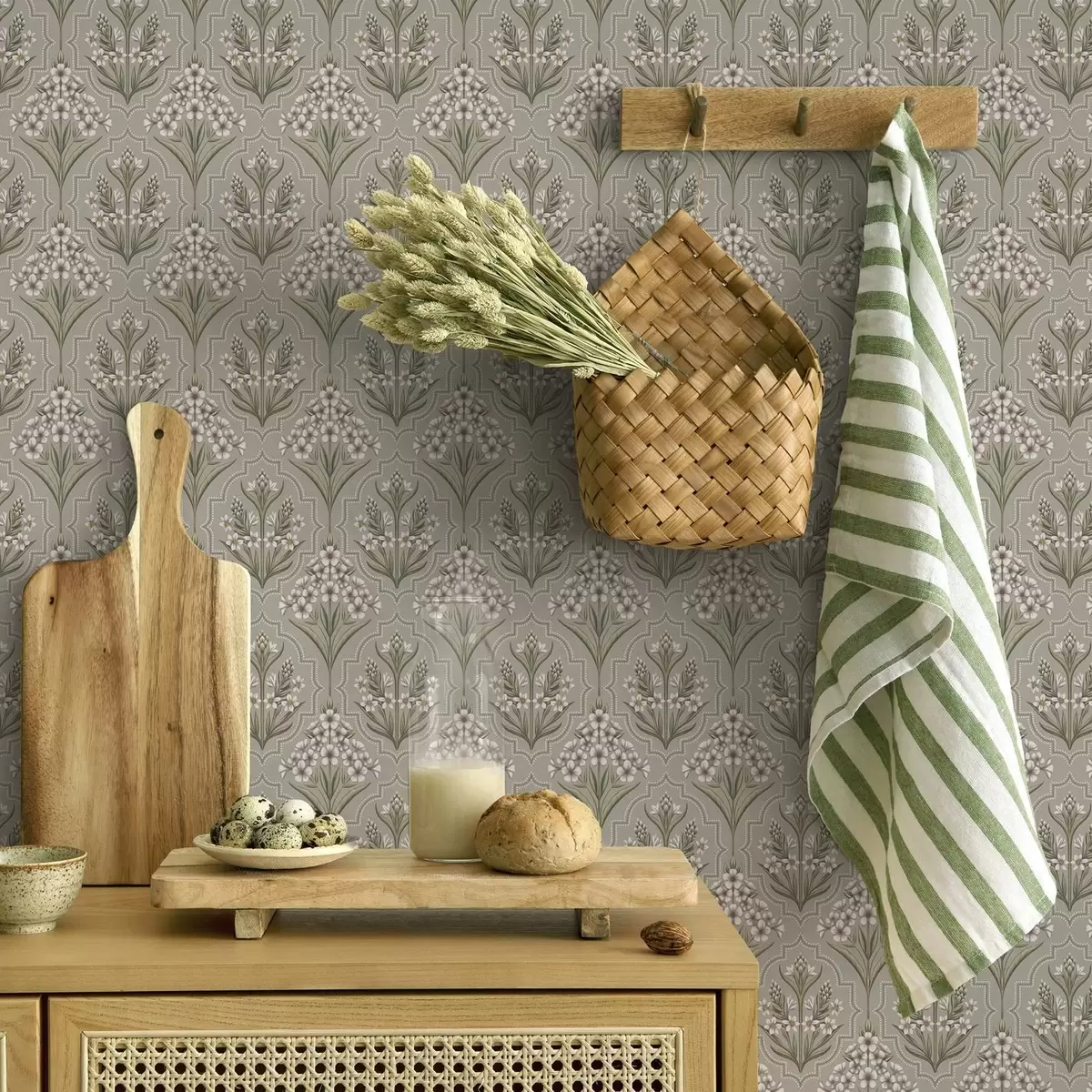 Behang Symmetrisch patroon met witte bloemen op een grijze achtergrond a00302