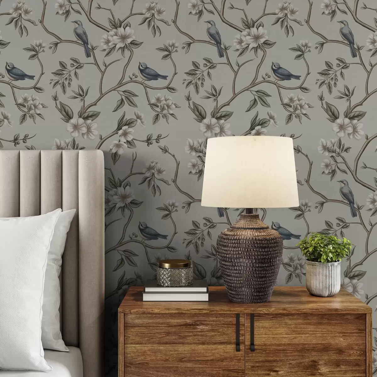 Behang Takken met vogels en witte bloemen op een delicate achtergrond a00303
