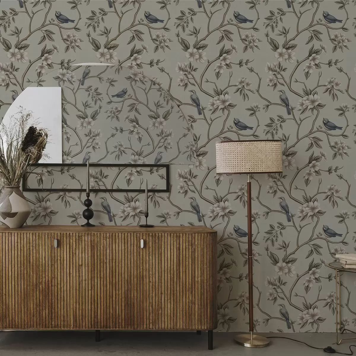 Behang Takken met vogels en witte bloemen op een delicate achtergrond a00303