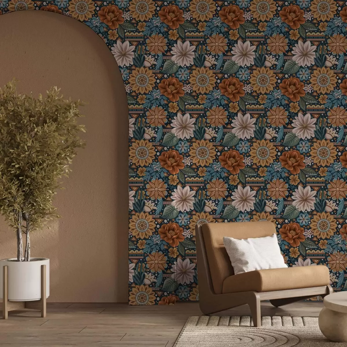 Behang Heldere decoratieve bloemen met geometrische elementen a00305