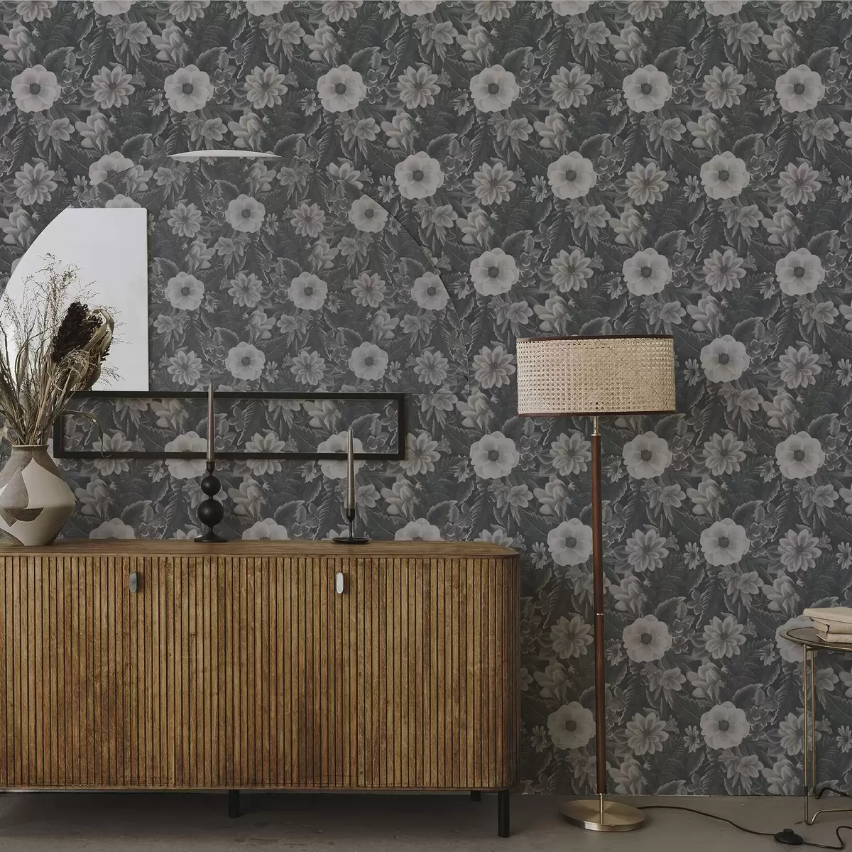 Behang Grijs en wit bloemenpatroon met retro-effect a00307