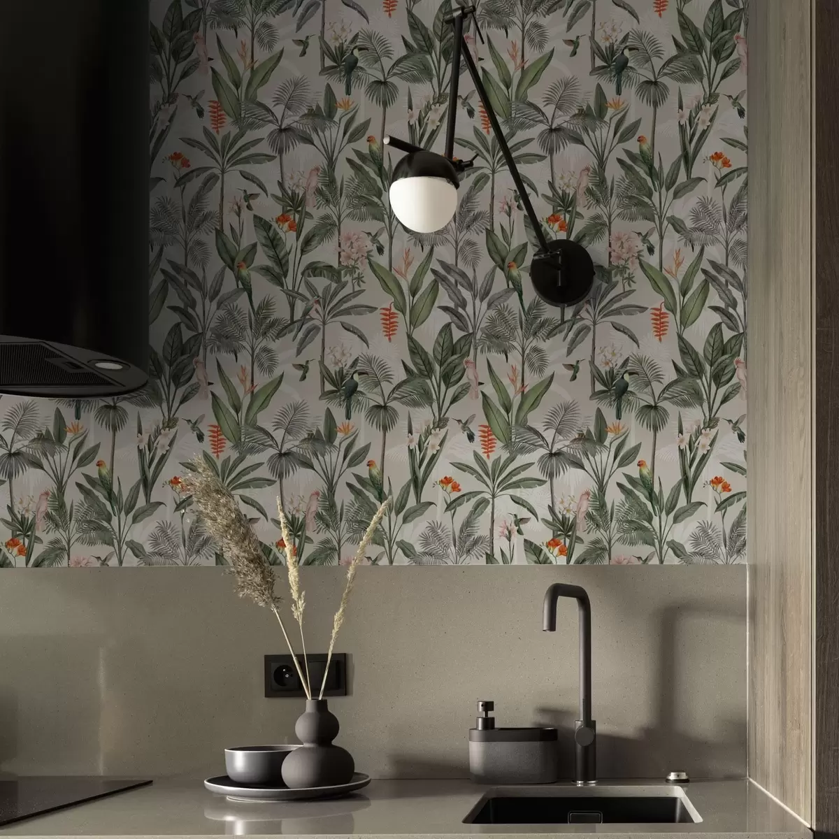 Behang Tropische vogels tussen palmbladeren a00308