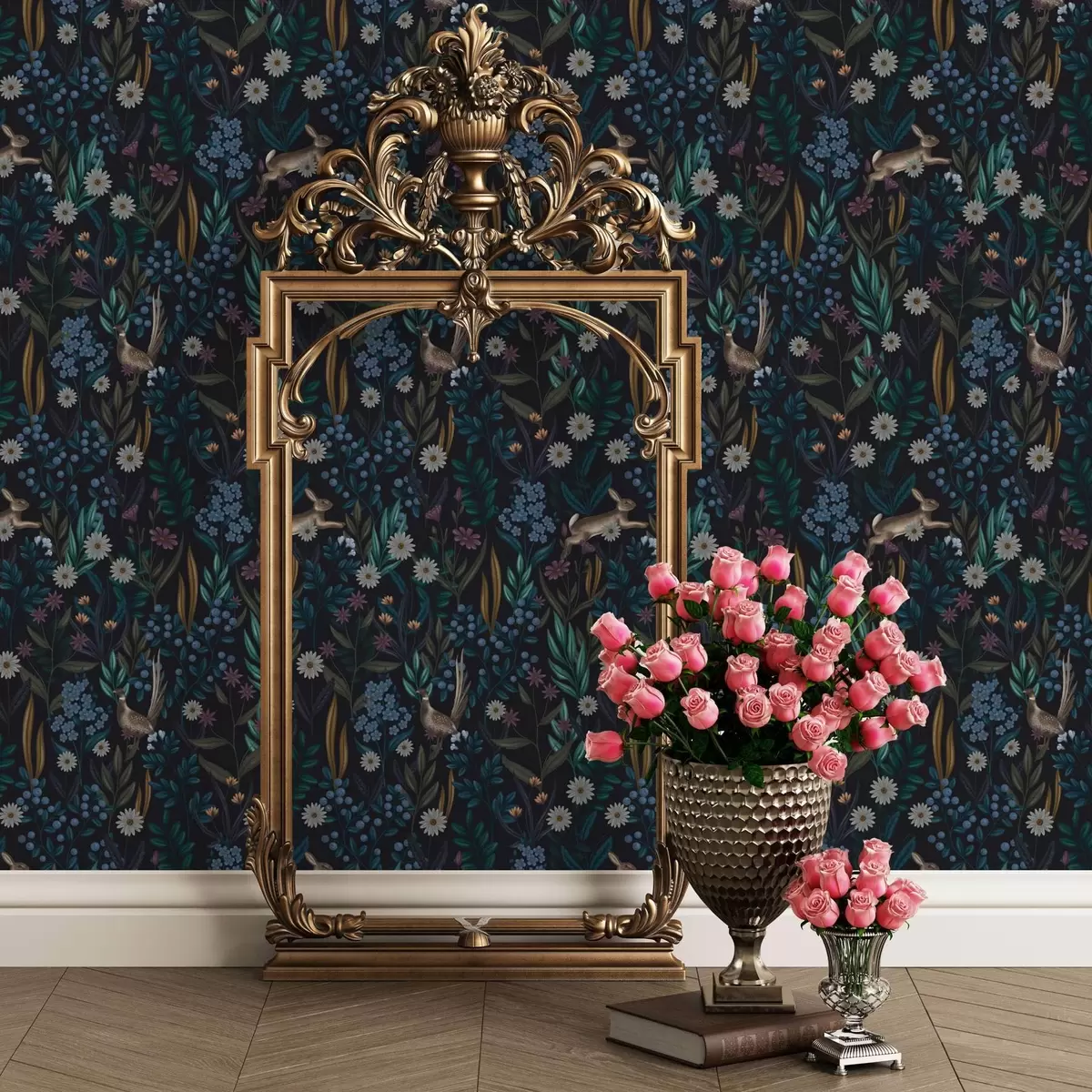 Behang Donker bos met bloemen, haas en vogel a00310
