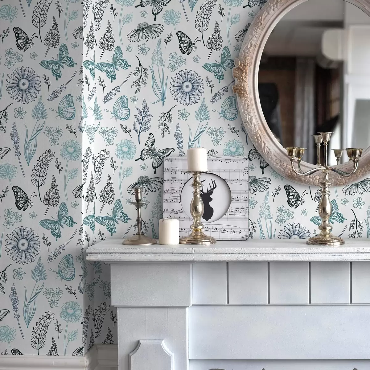 Behang Contourvlinders en bloemen in blauwe en blauwtinten a00311