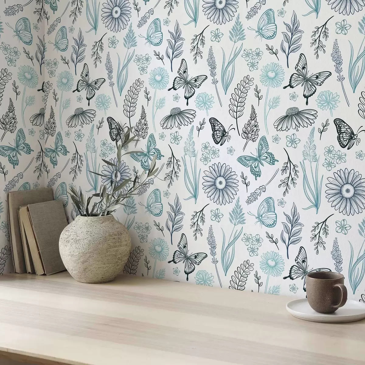 Behang Contourvlinders en bloemen in blauwe en blauwtinten a00311