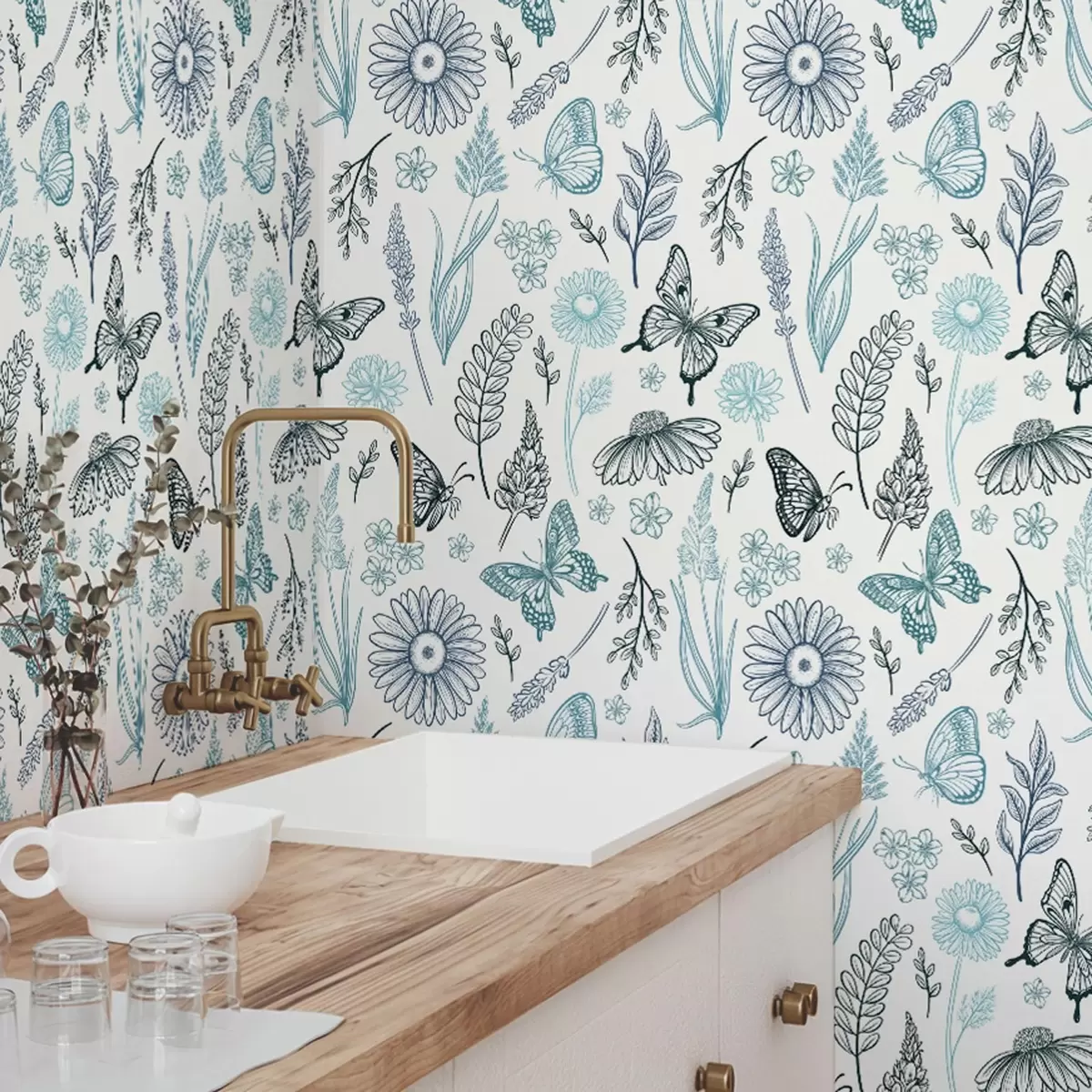Behang Contourvlinders en bloemen in blauwe en blauwtinten a00311