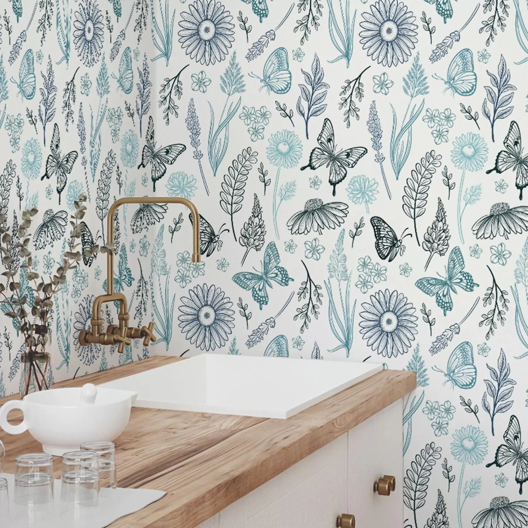 Fotobehang Contourvlinders en bloemen in blauwe en blauwtinten a00311